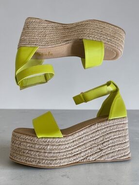 NEW 💚 SHEIN Women's Neon Lime PU Leather Espadrille Platform Wedge Sandals